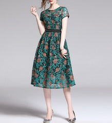 Women Embroidery Vintage Elegant Lace O-Neck Midi Dress dylinoshop