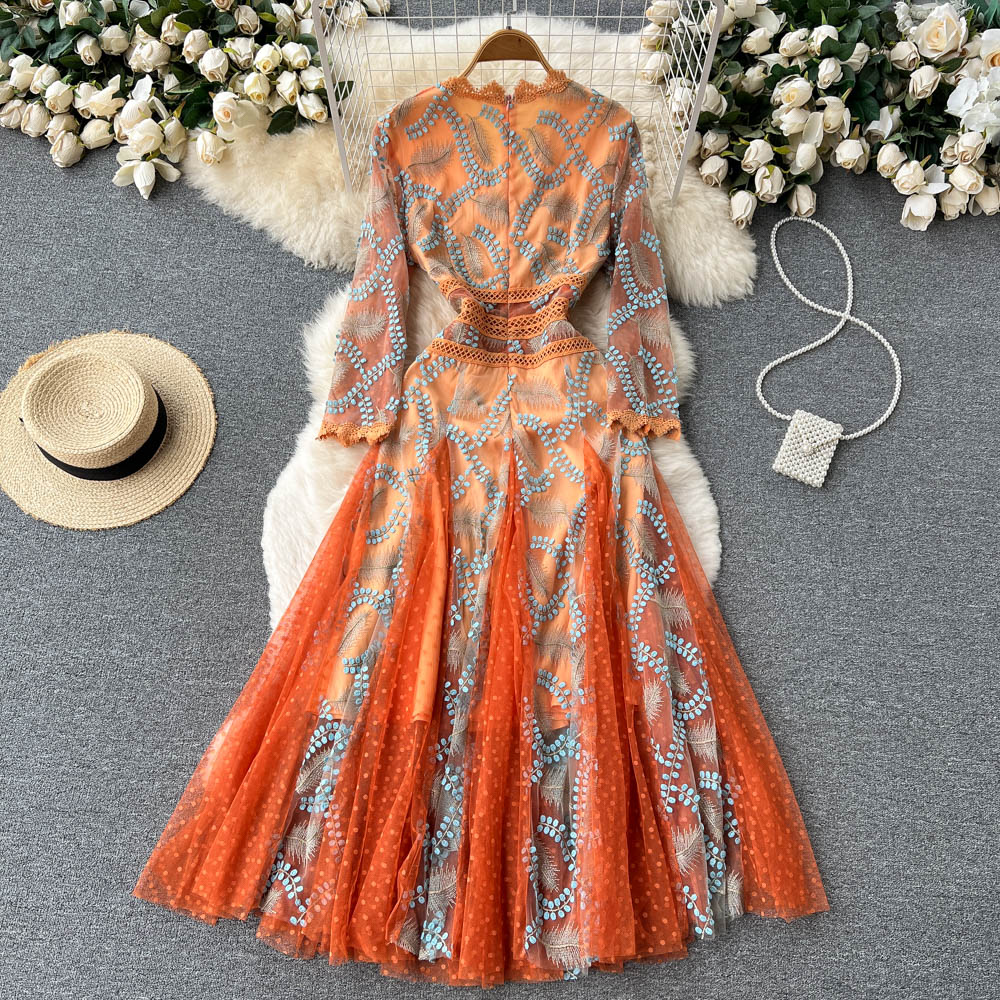 Women Embroidery Mesh Slim A Line Splice Chic Dress dylinoshop