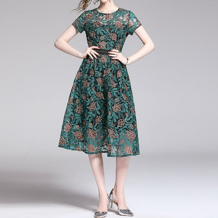 Women Embroidery Vintage Elegant Lace O-Neck Midi Dress dylinoshop