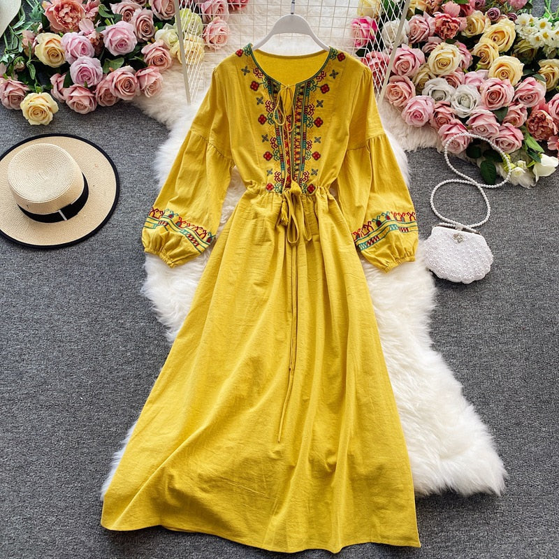 Woman Embroidery Elegant Ethnic Boho Dress dylinoshop