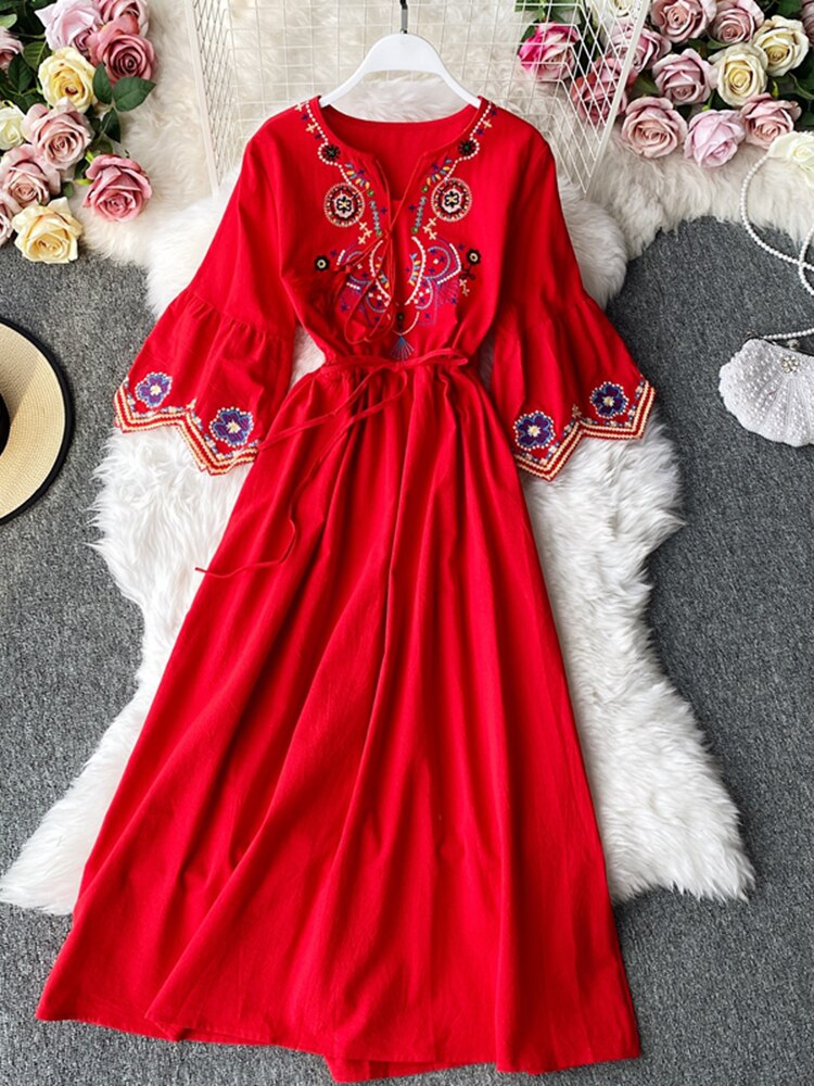 Women Embroidery Lacing Long A-line Dress dylinoshop