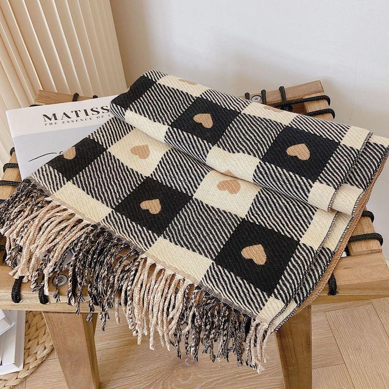 Women Cashmere Knitted Heart-pattern Plaid Scarf dylinoshop