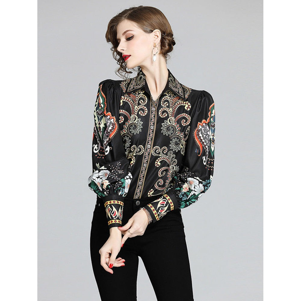 Women Retro Field Totem Printing Lantern Sleeve Lapel Blouse dylinoshop