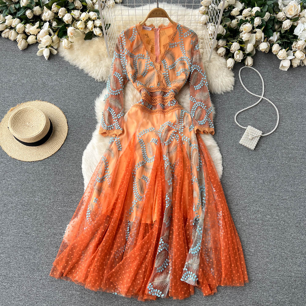 Women Embroidery Mesh Slim A Line Splice Chic Dress dylinoshop