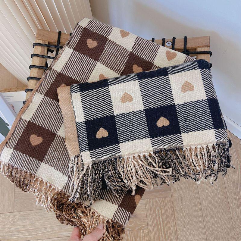 Women Cashmere Knitted Heart-pattern Plaid Scarf dylinoshop