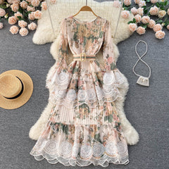 Women Flare Sleeve Embroidered Mesh Patchwork Chiffon Ruffles Pleated Dresses dylinoshop