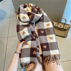 Women Cashmere Knitted Heart-pattern Plaid Scarf dylinoshop