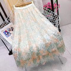 Women Embroidery Floral Mesh Long Skirt dylinoshop