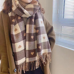 Women Cashmere Knitted Heart-pattern Plaid Scarf dylinoshop