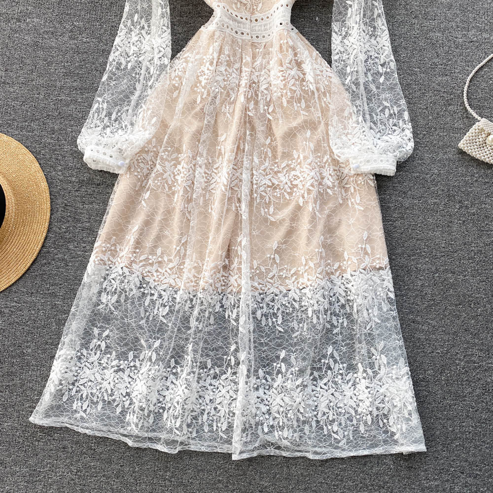 Women Embroidery Lace Mesh Elegant Slim A Line Long Dress dylinoshop