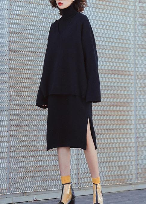 Set female 2019 large size turtleneck sweater suit skirt black two-piece long paragraph over the knee AT-NTP191023