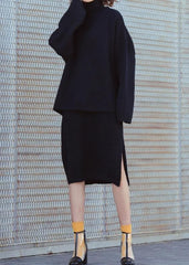 Set female 2019 large size turtleneck sweater suit skirt black two-piece long paragraph over the knee AT-NTP191023