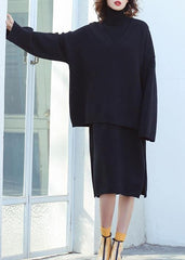 Set female 2019 large size turtleneck sweater suit skirt black two-piece long paragraph over the knee AT-NTP191023