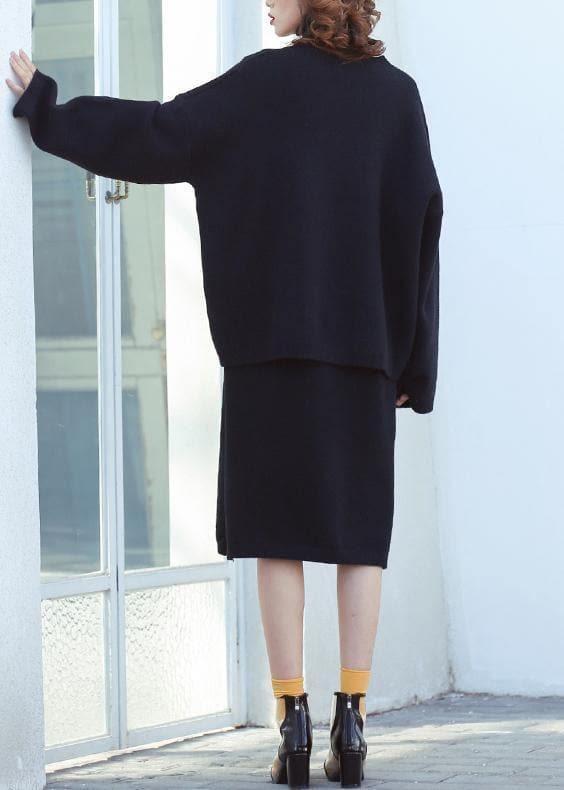 Set female 2019 large size turtleneck sweater suit skirt black two-piece long paragraph over the knee AT-NTP191023