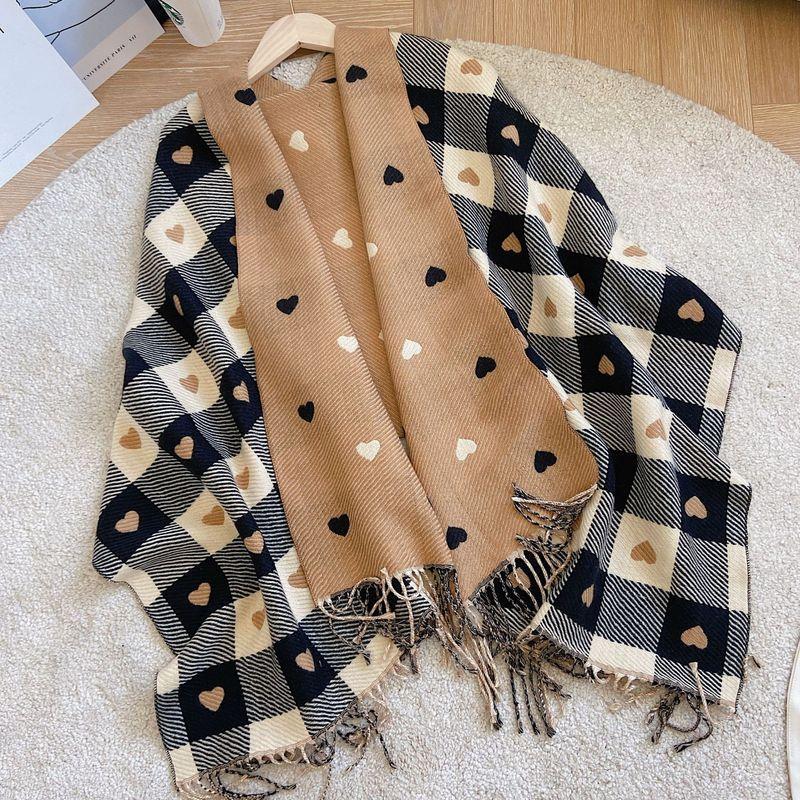 Women Cashmere Knitted Heart-pattern Plaid Scarf dylinoshop