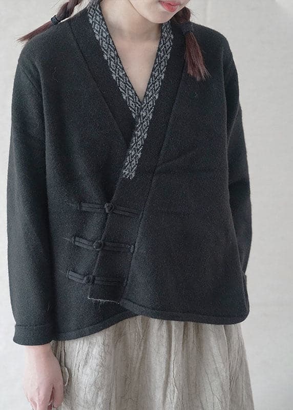 Simple Black Button Embroideried asymmetrical design Fall Knit Sweater GK-NTP211015