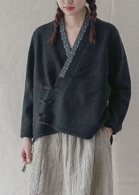 Simple Black Button Embroideried asymmetrical design Fall Knit Sweater GK-NTP211015