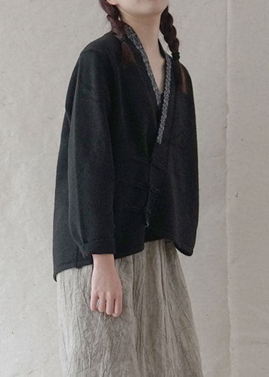 Simple Black Button Embroideried asymmetrical design Fall Knit Sweater GK-NTP211015