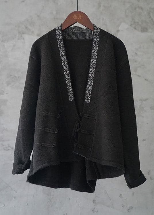 Simple Black Button Embroideried asymmetrical design Fall Knit Sweater GK-NTP211015