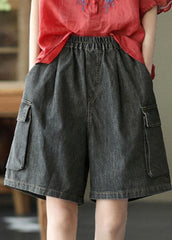 Simple Black Pockets Wide Leg Summer Denim Hot Pants GK-SPTS210721