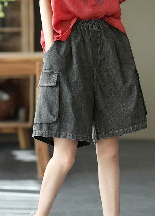 Simple Black Pockets Wide Leg Summer Denim Hot Pants GK-SPTS210721