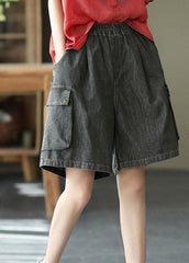 Simple Black Pockets Wide Leg Summer Denim Hot Pants GK-SPTS210721