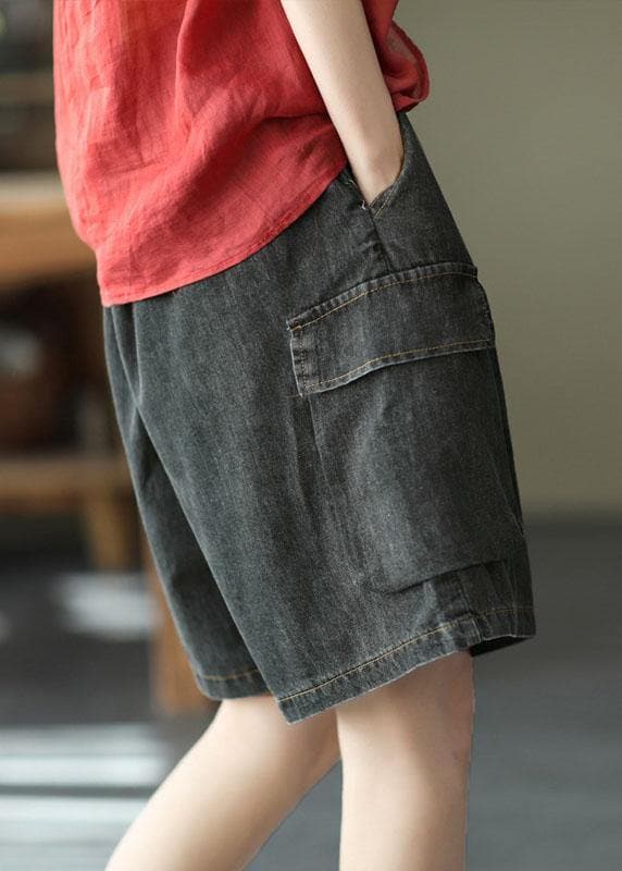 Simple Black Pockets Wide Leg Summer Denim Hot Pants GK-SPTS210721