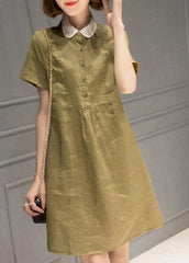 Simple Blackish Green Peter Pan Collar Button Linen Mid Dress Short Sleeve gk-SDM220722