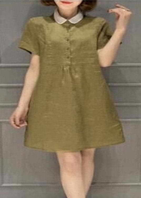 Simple Blackish Green Peter Pan Collar Button Linen Mid Dress Short Sleeve gk-SDM220722