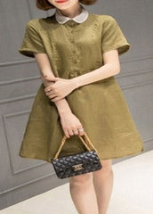 Simple Blackish Green Peter Pan Collar Button Linen Mid Dress Short Sleeve gk-SDM220722