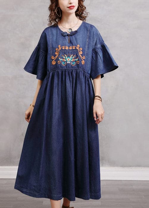 Simple Blue Embroideried Cinched Cotton Denim Dresses Flare Sleeve NZ-SDL220606