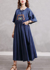 Simple Blue Embroideried Cinched Cotton Denim Dresses Flare Sleeve NZ-SDL220606