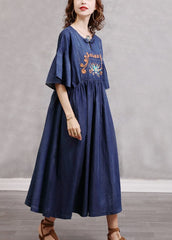 Simple Blue Embroideried Cinched Cotton Denim Dresses Flare Sleeve NZ-SDL220606