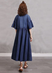 Simple Blue Embroideried Cinched Cotton Denim Dresses Flare Sleeve NZ-SDL220606