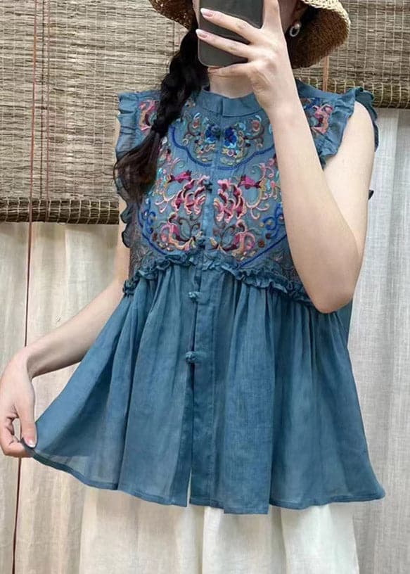 Simple Blue Embroideried Floral Ruffles Button Linen Top Short Sleeve gk-STP220722