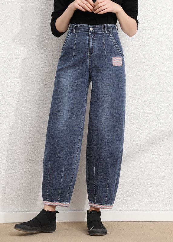 Simple Blue Grey High Waist Patch Zip Up Pockets Cotton Denim Pants Summer nz-LPTS220519