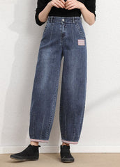 Simple Blue Grey High Waist Patch Zip Up Pockets Cotton Denim Pants Summer nz-LPTS220519