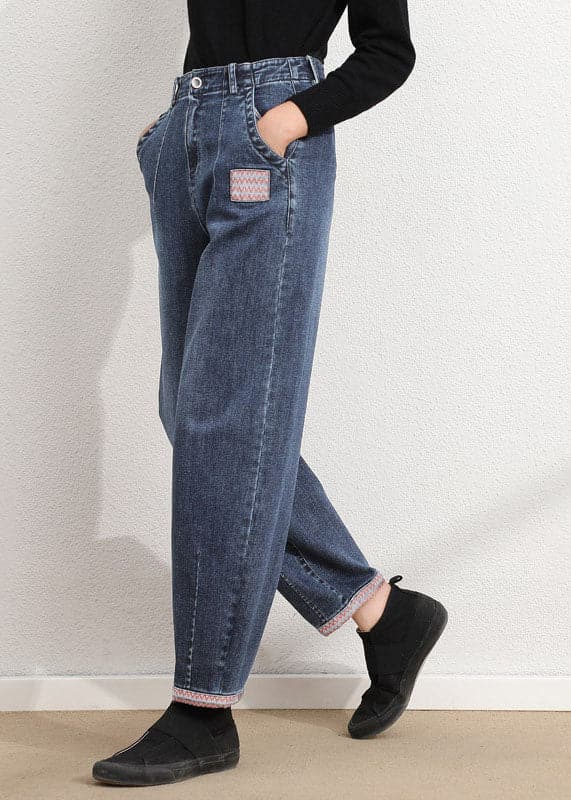 Simple Blue Grey High Waist Patch Zip Up Pockets Cotton Denim Pants Summer nz-LPTS220519