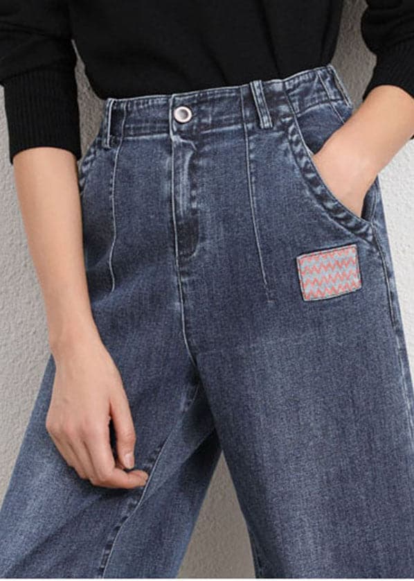 Simple Blue Grey High Waist Patch Zip Up Pockets Cotton Denim Pants Summer nz-LPTS220519