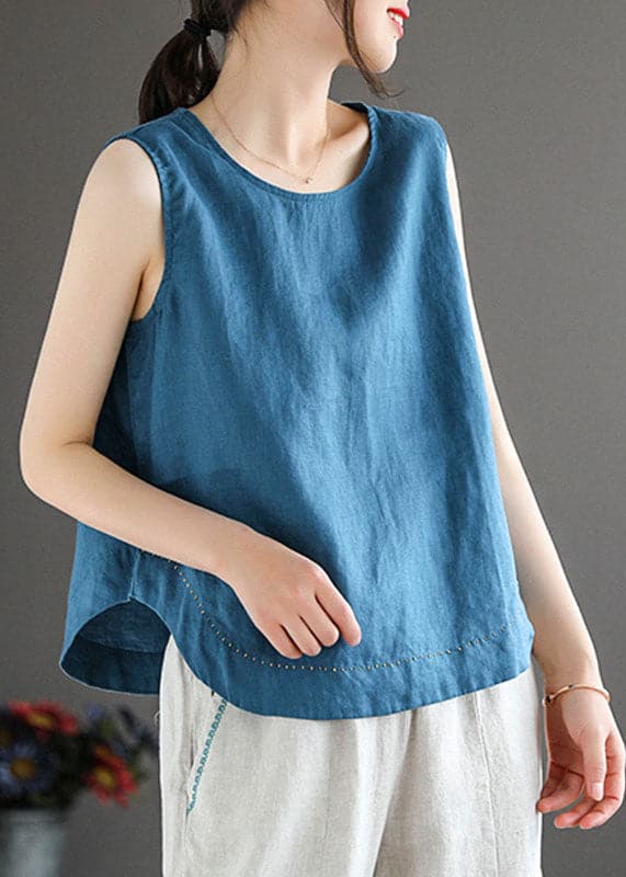 Simple Blue O-Neck Embroideried Linen Beach Vest Sleeveless GK-VTP220623