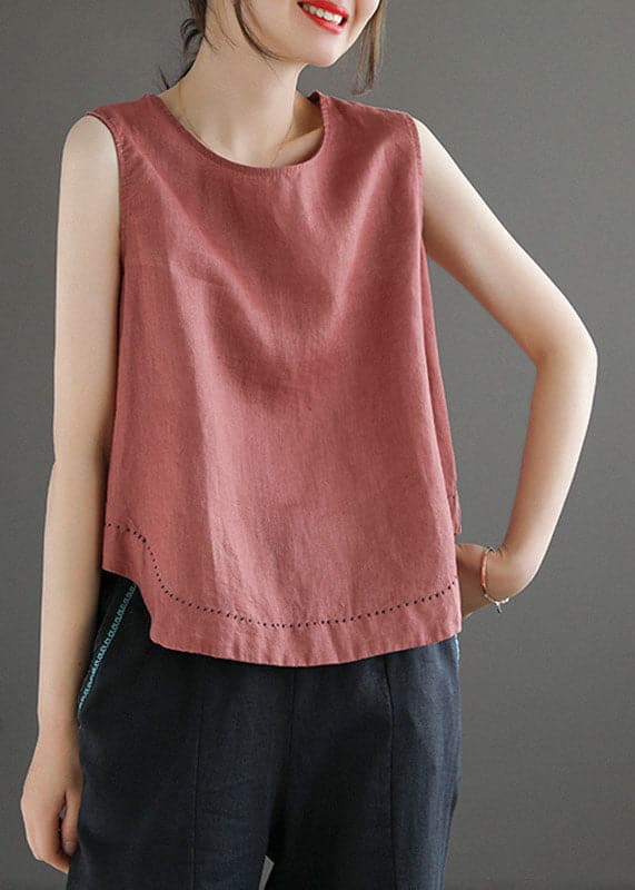 Simple Blue O-Neck Embroideried Linen Beach Vest Sleeveless GK-VTP220623