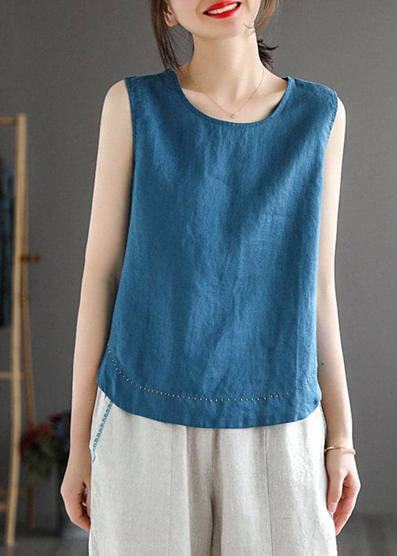 Simple Blue O-Neck Embroideried Linen Beach Vest Sleeveless GK-VTP220623