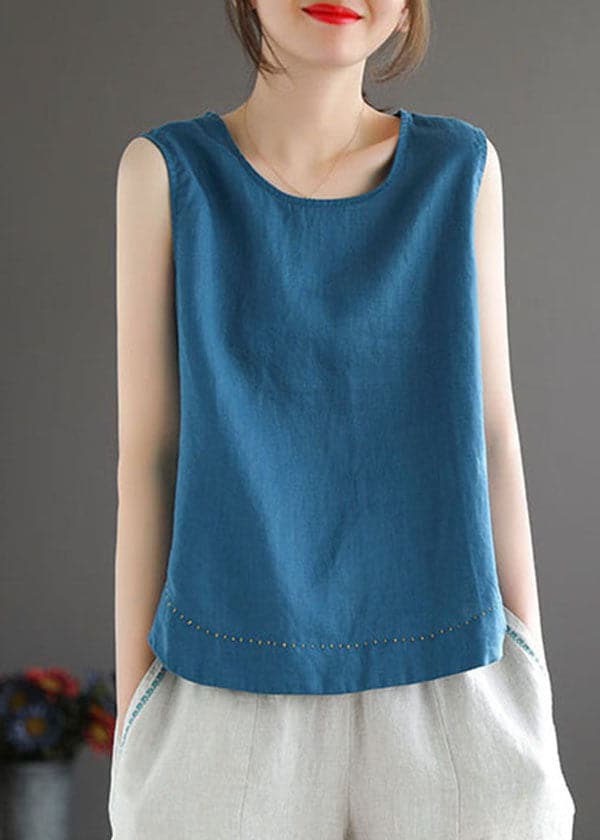 Simple Blue O-Neck Embroideried Linen Beach Vest Sleeveless GK-VTP220623