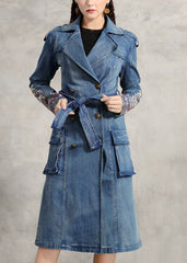 Simple Blue Peter Pan Collar Pockets Embroideried double breast Sashes Cotton Denim trench coats Spring NZ-TCT220304