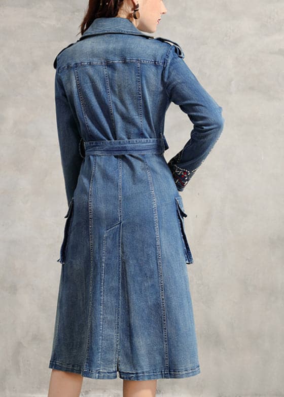 Simple Blue Peter Pan Collar Pockets Embroideried double breast Sashes Cotton Denim trench coats Spring NZ-TCT220304