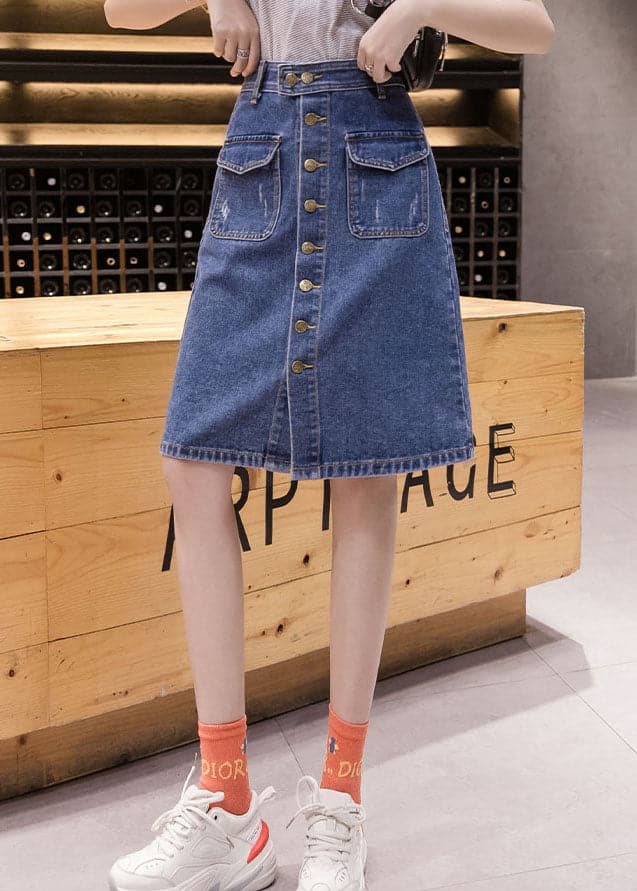 Simple Blue Pocket Button Cotton Denim Wraped Skirt Summer nz-SKTS220524