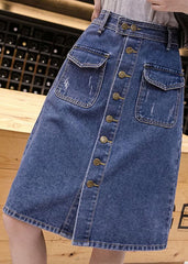 Simple Blue Pocket Button Cotton Denim Wraped Skirt Summer nz-SKTS220524