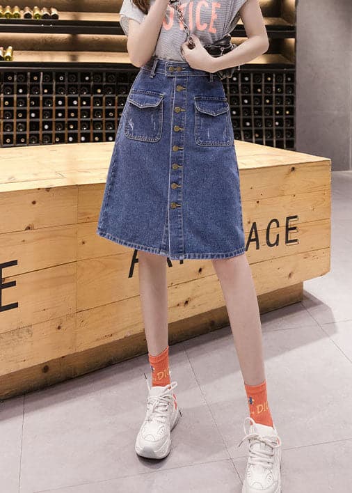 Simple Blue Pocket Button Cotton Denim Wraped Skirt Summer nz-SKTS220524