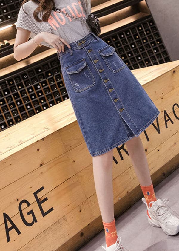 Simple Blue Pocket Button Cotton Denim Wraped Skirt Summer nz-SKTS220524