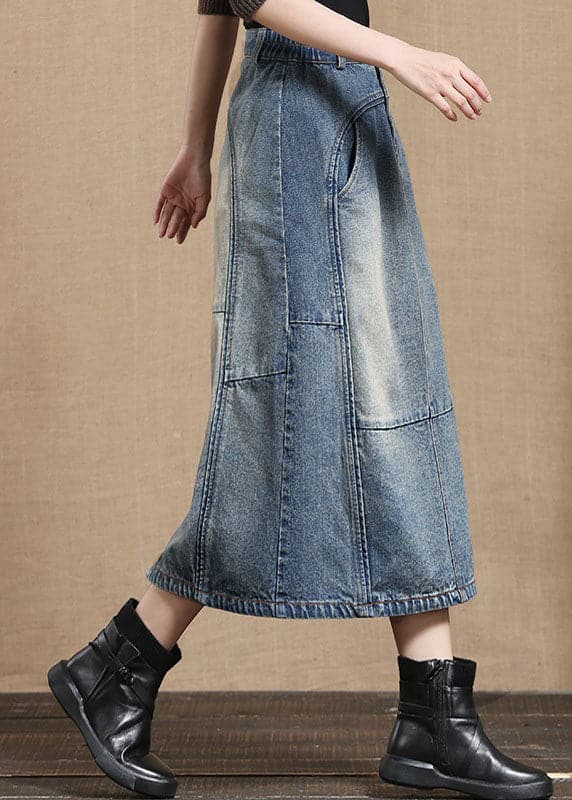 Simple Blue Pockets Patchwork A Line Fall Denim Skirts BSNZ-SKTS211014